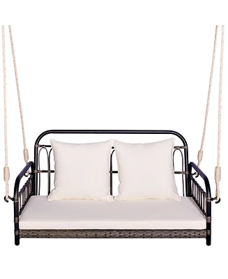 Gymax Outdoor Wicker Porch Swing 2-Person Hanging Seat w/ Seat & Back Cushions Backyard