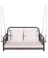 Gymax Outdoor Wicker Porch Swing 2-Person Hanging Seat w/ Seat & Back Cushions Backyard