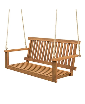Gymax 2-Person Acacia Wood Outdoor Porch Swing Patio Hanging Bench Chair Natural