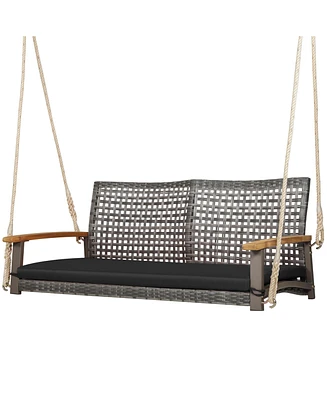 Gymax Rattan Patio Porch Swing 2-Person Cushioned Chair Bench w/ Hanging Ropes
