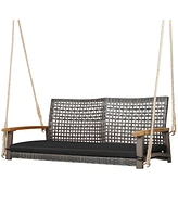 Gymax Rattan Patio Porch Swing 2-Person Cushioned Chair Bench w/ Hanging Ropes