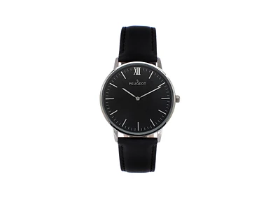 Peugeot Men's 40mm Black Dial Silver Super Slim Case Leather Strap Watch