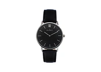 Peugeot Men's 40mm Black Dial Silver Super Slim Case Leather Strap Watch