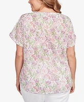 Hearts Of Palm Plus Embellished Garden Print Slub Top