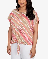 Hearts Of Palm Plus Printed Crinkle Tie Front Top