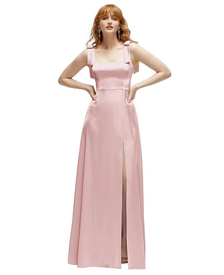 After Six Plus Square Neck Fluid Satin Maxi Dress with Bow Straps