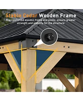 Aoodor 10 x 10 ft Wooden Frame Gazebo with Galvanized Metal Hardtop Roof, Outdoor Patio Gazebo with Charging Socket