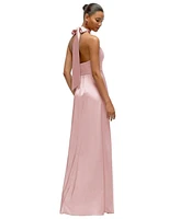 After Six Women's Band Collar Halter Open Back Fluid Satin Maxi Dress with Self-Tie Bow