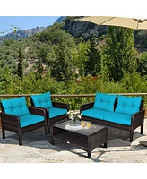Gymax 4PCS Rattan Patio Furniture Conversation Set Cushioned Outdoor Furniture Set