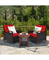 Gymax 3PCS Patio Wicker Rattan Conversation Set Outdoor Furniture Set w/ Red Cushion