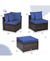 Gymax 4PCS Rattan Patio Conversation Furniture Set Yard Outdoor w/ Navy Cushion