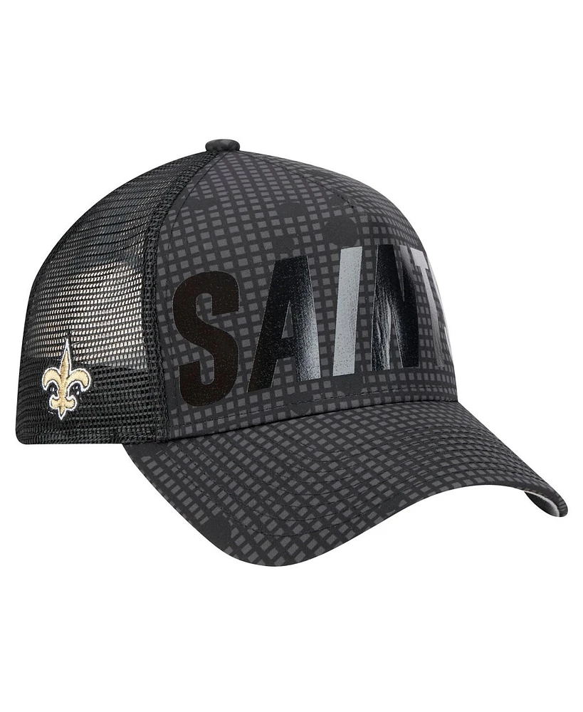 New Era Men's Black New Orleans Saints Midnight Ink Tonal Text A-Frame Trucker 9FORTY Adjustable Hat