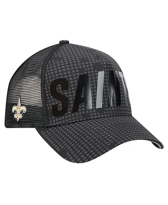 New Era Men's Black New Orleans Saints Midnight Ink Tonal Text A-Frame Trucker 9FORTY Adjustable Hat