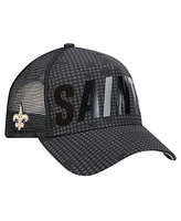 New Era Men's Black New Orleans Saints Midnight Ink Tonal Text A-Frame Trucker 9FORTY Adjustable Hat