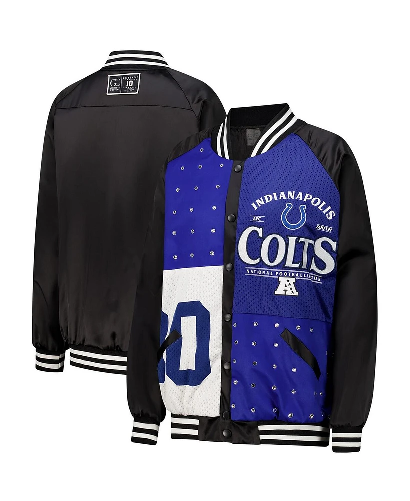 Gameday Couture Women's Black/Royal Indianapolis Colts Oversized Hot Shot Rhinestone Throwback Full-Snap Varsity Bomber Jacket