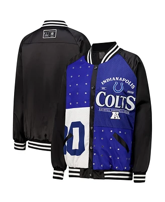 Gameday Couture Women's Black/Royal Indianapolis Colts Oversized Hot Shot Rhinestone Throwback Full-Snap Varsity Bomber Jacket