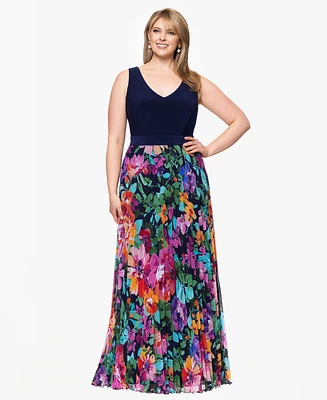 Xscape Plus V-Neck Sleeveless Printed-Skirt Gown