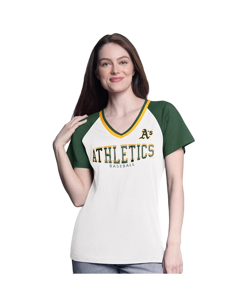 G-iii 4Her by Carl Banks Women's White/Green Athletics Ball Park Raglan V-Neck T-Shirt