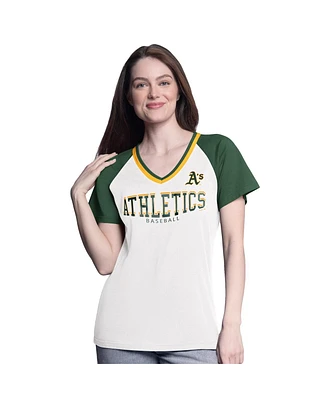G-iii 4Her by Carl Banks Women's White/Green Athletics Ball Park Raglan V-Neck T-Shirt