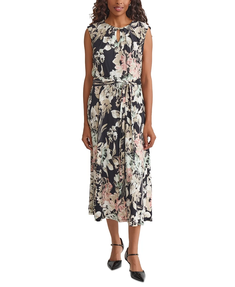 Kasper Women's Floral-Print Pleated-Neck Keyhole Midi Dress, Regular & Petite