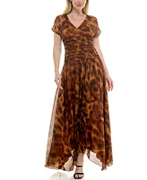Taylor Women's Printed Chiffon Smocked-Waist Handkerchief Hem Dress