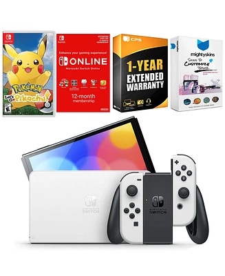 Nintendo Switch White Oled Console with Pokemon Let's Go, Pikachu!, Nso 12 Month Family Membership, MightySkins Console and Controller Skin Voucher