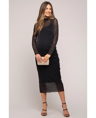 Pinkblush Maternity Black Shimmer Mesh Long Sleeve Ruched Midi Dress