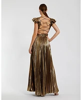 Mac Duggal Women's Ruffle Sleeve Cutout Pleated Metallic Gown