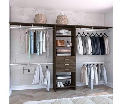 Zamora 69"W - 118"W Closet System with Four Hanging Rods, Three Drawers, and Five Shelves, Dark Walnut