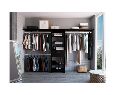 Zamora 70"W - 118"W Closet System, Three Hanging Rods, Five Shelves, One Drawer, Black