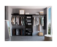 Zamora 70"W - 118"W Closet System, Three Hanging Rods, Five Shelves, One Drawer, Black