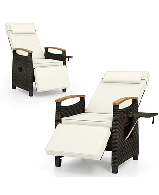 Gymax 2PCS Patio Rattan Lounge Chair Pe Wicker Recliner Chair w/ Adjustable Backrest & Footrest