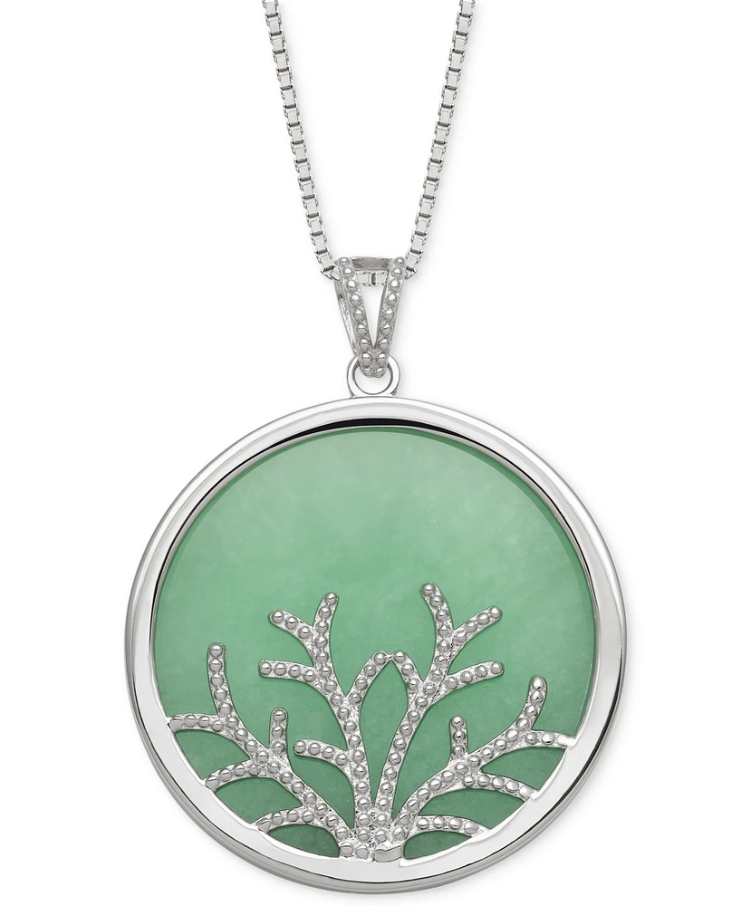 Dyed Green Jade Round Disc Tree 18" Pendant Necklace in Sterling Silver