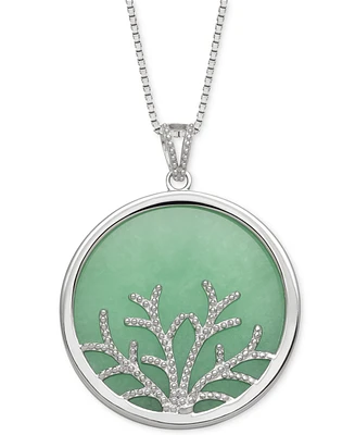 Dyed Green Jade Round Disc Tree 18" Pendant Necklace in Sterling Silver
