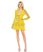 Mac Duggal Women's Floral Chiffon Dress with Deep V-Neck and Ruffle Tiered Skirt
