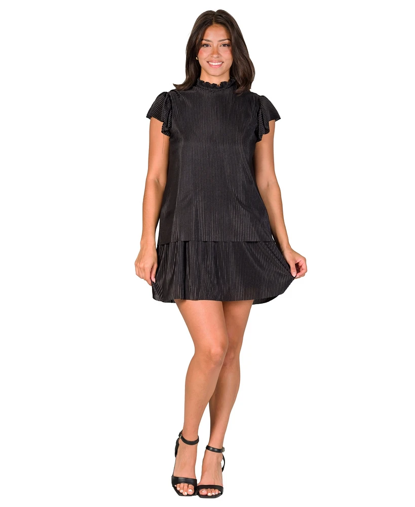 24seven Comfort Apparel Petite Ruffle Cap Sleeve Pleated Tiered Mini Dress