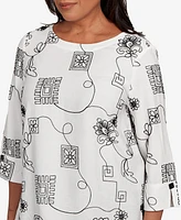 Alfred Dunner Women's Santa Barbara Geometric Floral Soutache Embroidered Top