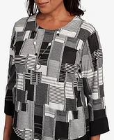 Alfred Dunner Women's Santa Barbara Patchwork Solid Black Trim Crew Neck Top