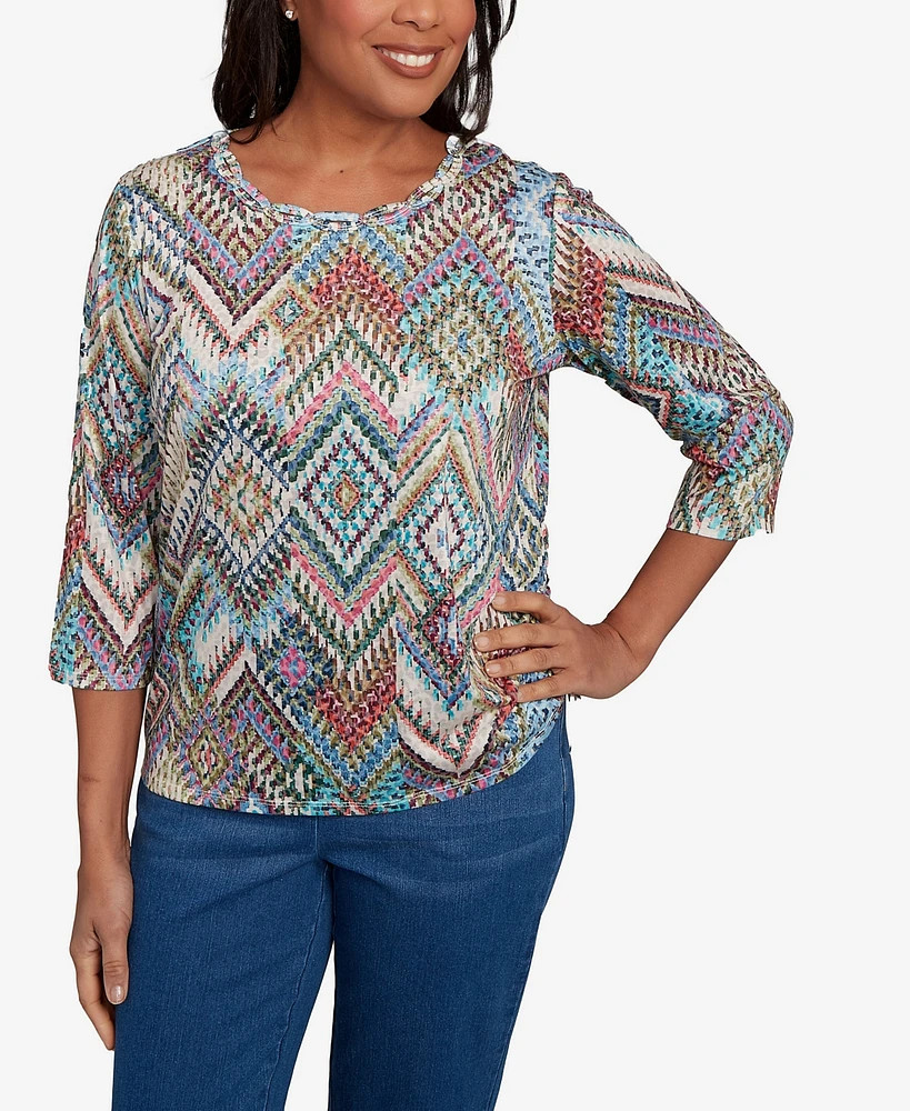Alfred Dunner Women's El Paso Ikat Diamond Detailed Neckline Top