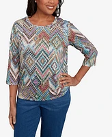 Alfred Dunner Women's El Paso Ikat Diamond Detailed Neckline Top