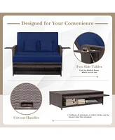 Gymax Rattan Loveseat Set Daybed Lounge w/ Storage Ottoman Side Tables Adjust Patio