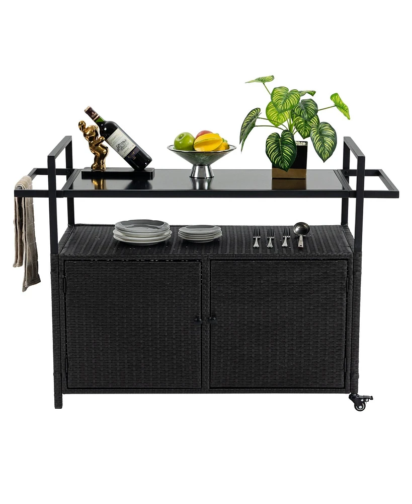 Mondawe Rattan Bar Cart with Glass Top & Wheels, Black