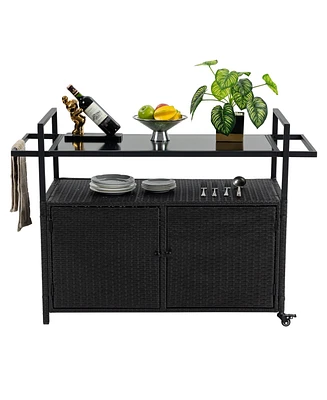 Mondawe Rattan Bar Cart with Glass Top & Wheels, Black