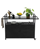 Mondawe Rattan Bar Cart with Glass Top & Wheels, Black