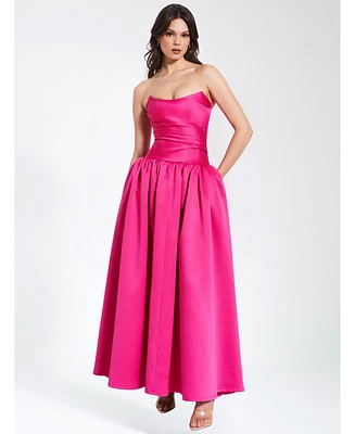 Miss Circle Women's Walterina Fuchsia Satin Strapless Drop Waist Corset Gown