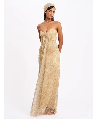 Miss Circle Women's Ada Gold Rhinestone Embellished Strapless Gown with Head Scarf