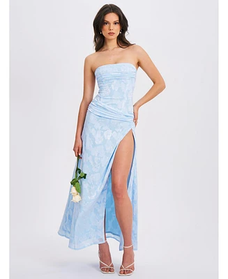 Miss Circle Women's Xatia Baby Blue Jacquard Textured High Slit Maxi Dress