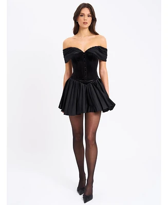Miss Circle Women's Echo Black Velvet Off-shoulder Pleated Mini Dress