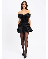 Miss Circle Women's Echo Black Velvet Off-shoulder Pleated Mini Dress