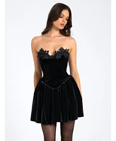 Miss Circle Women's Nora Black Velvet Drop Waist Corset Puffy Mini Dress with Lace Trim